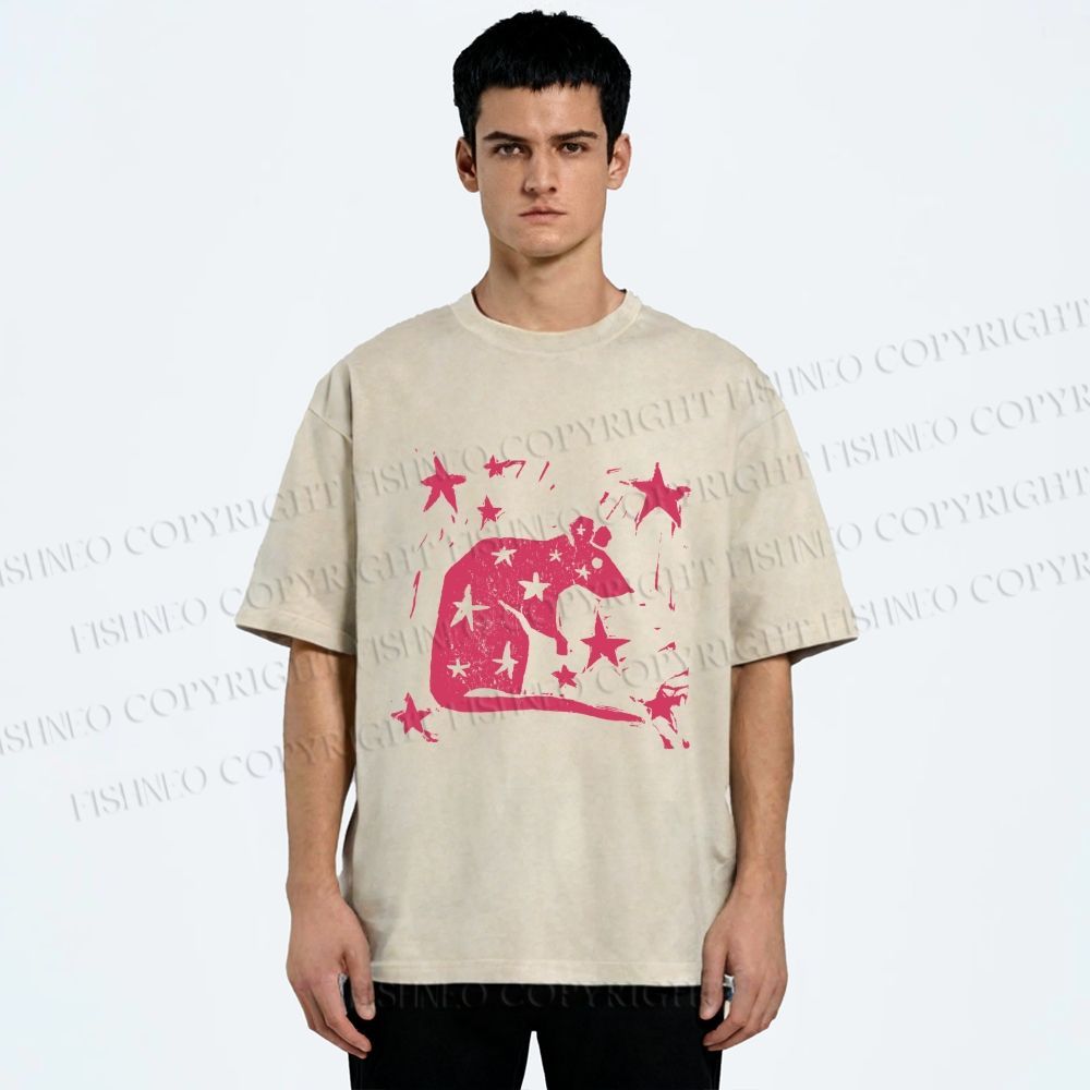 Unisex Pink Rat Stars Printed Washed Tee