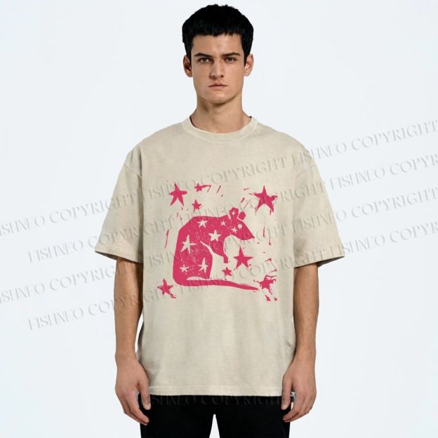 Unisex Pink Rat Stars Printed Washed Tee