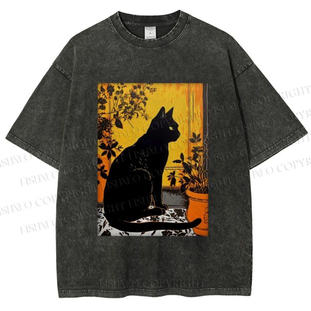 Unisex Sunset Silhouette Cat Printed Washed Tee