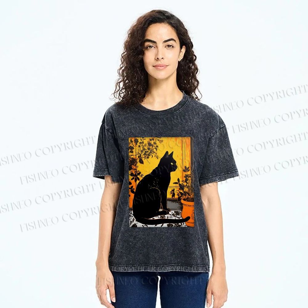 Unisex Sunset Silhouette Cat Printed Washed Tee