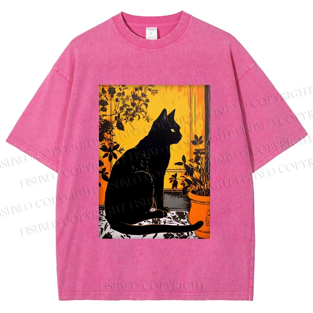 Unisex Sunset Silhouette Cat Printed Washed Tee