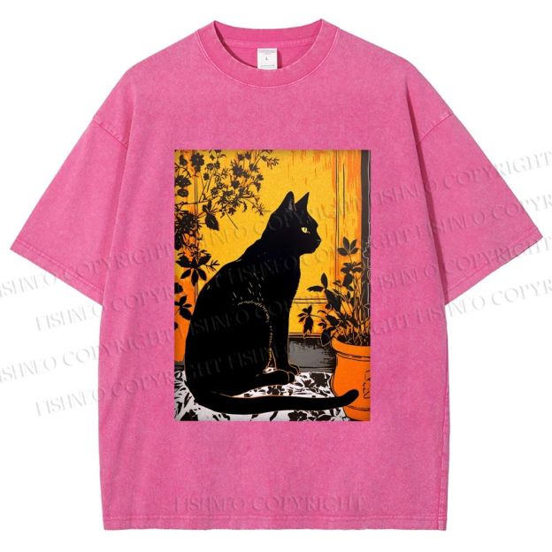 Unisex Sunset Silhouette Cat Printed Washed Tee