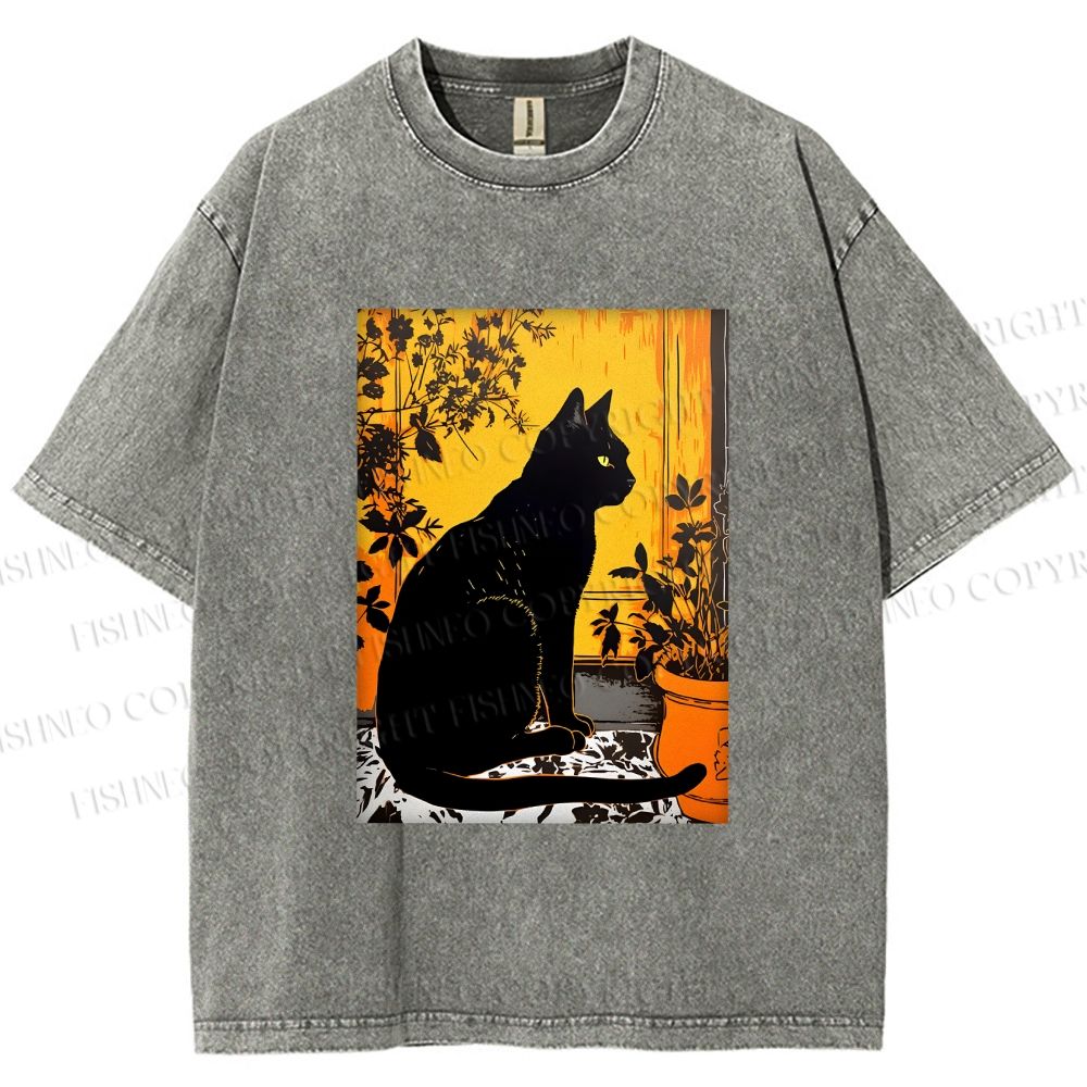 Unisex Sunset Silhouette Cat Printed Washed Tee