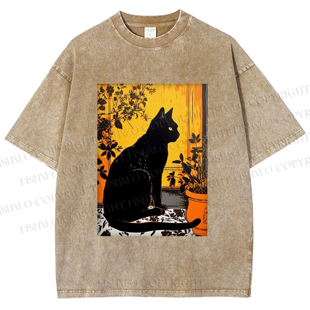 Unisex Sunset Silhouette Cat Printed Washed Tee