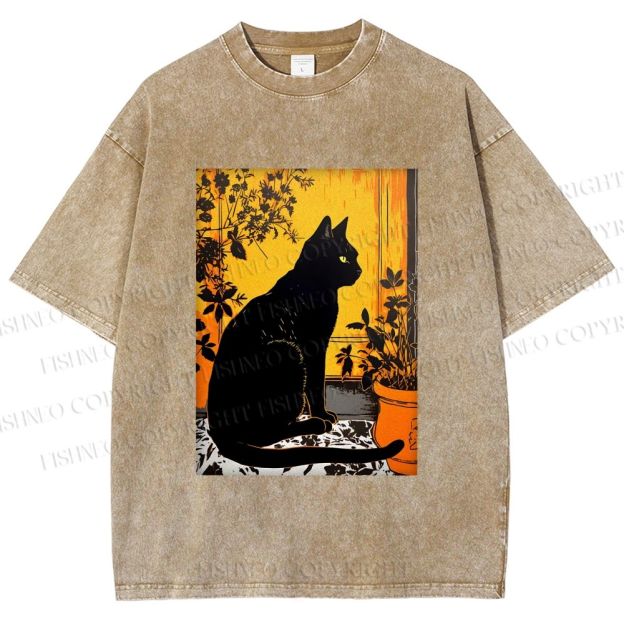 Unisex Sunset Silhouette Cat Printed Washed Tee