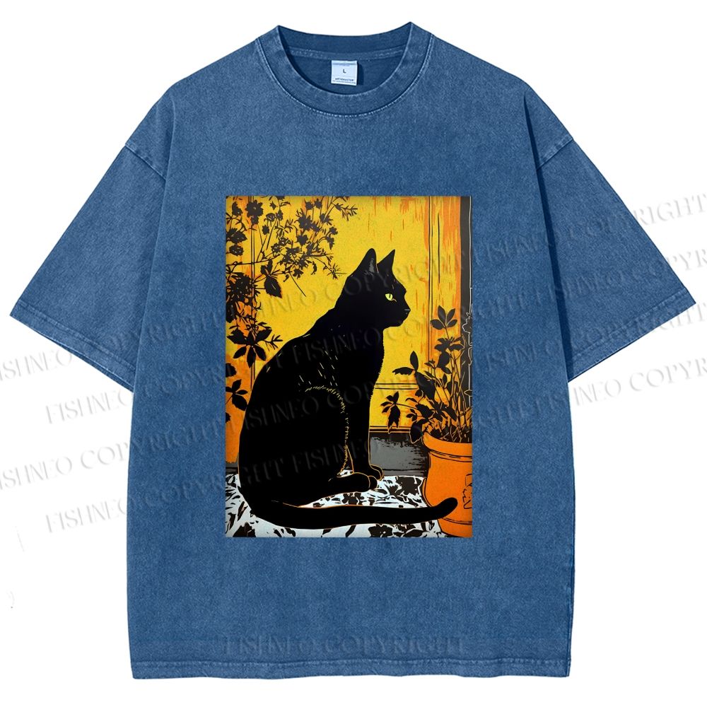 Unisex Sunset Silhouette Cat Printed Washed Tee