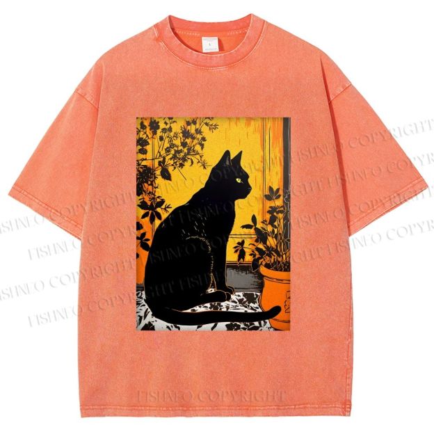 Unisex Sunset Silhouette Cat Printed Washed Tee
