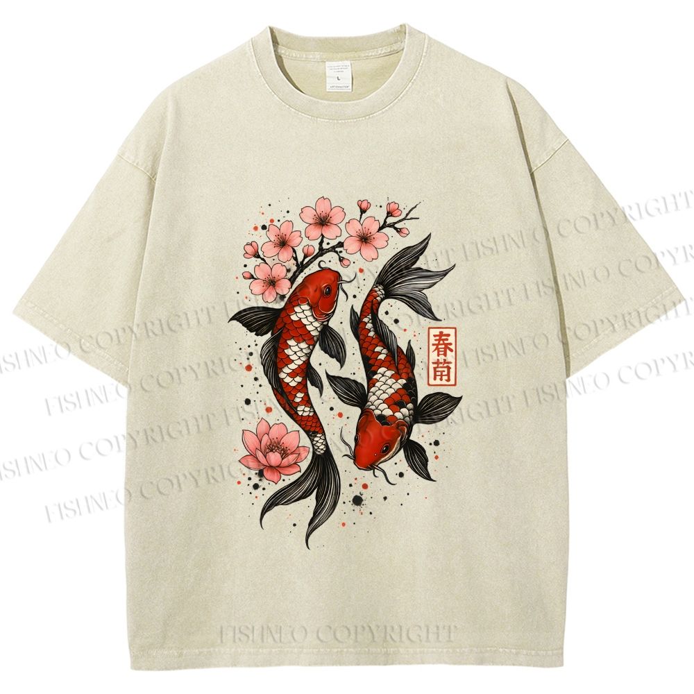 Unisex Cherry Blossom Twin Koi Printed Washed Tee