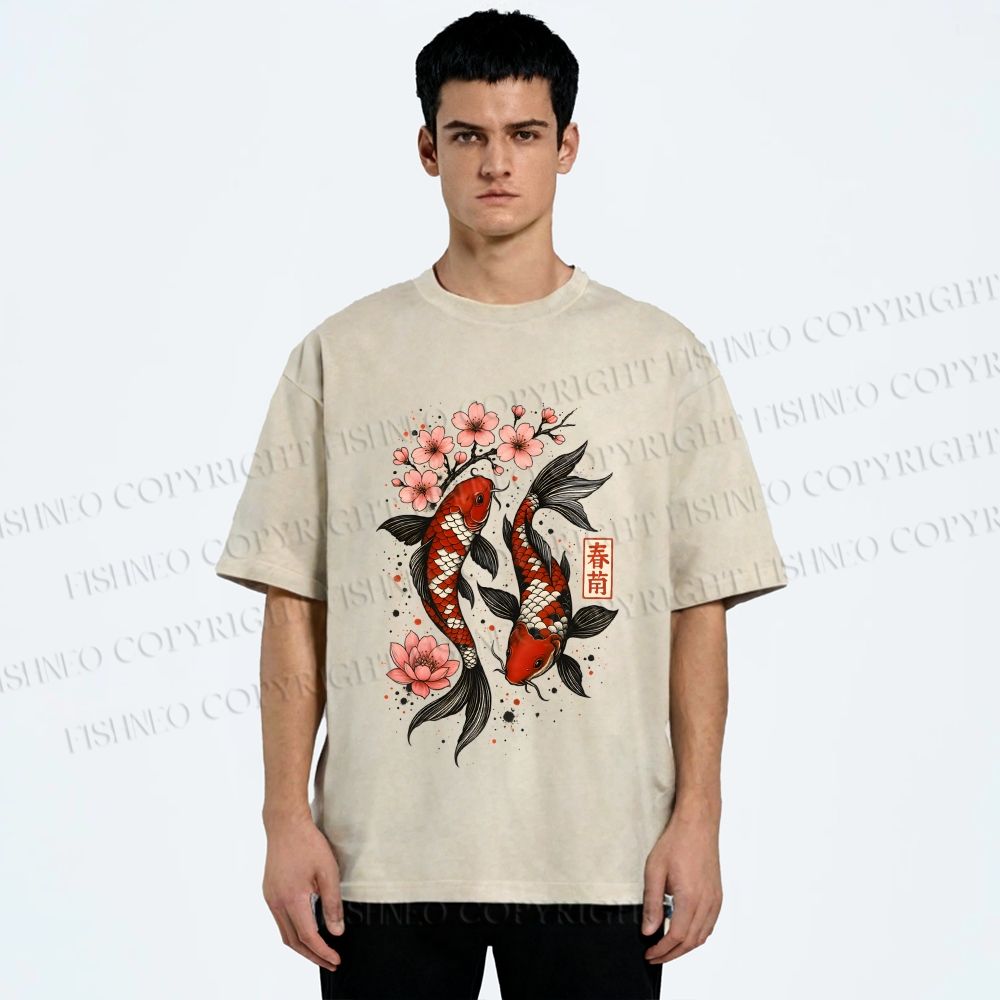 Unisex Cherry Blossom Twin Koi Printed Washed Tee
