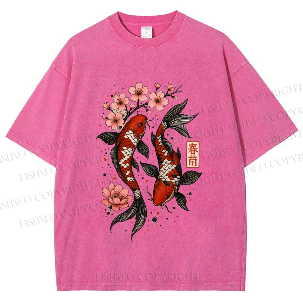 Unisex Cherry Blossom Twin Koi Printed Washed Tee