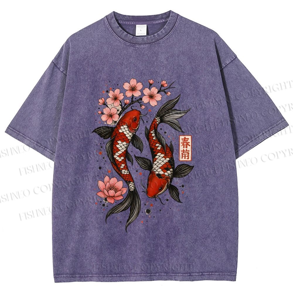 Unisex Cherry Blossom Twin Koi Printed Washed Tee