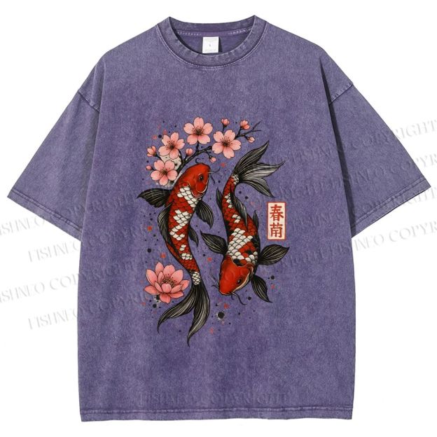 Unisex Cherry Blossom Twin Koi Printed Washed Tee