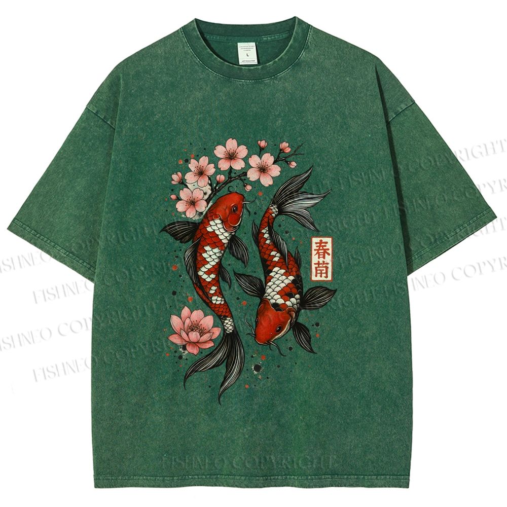 Unisex Cherry Blossom Twin Koi Printed Washed Tee