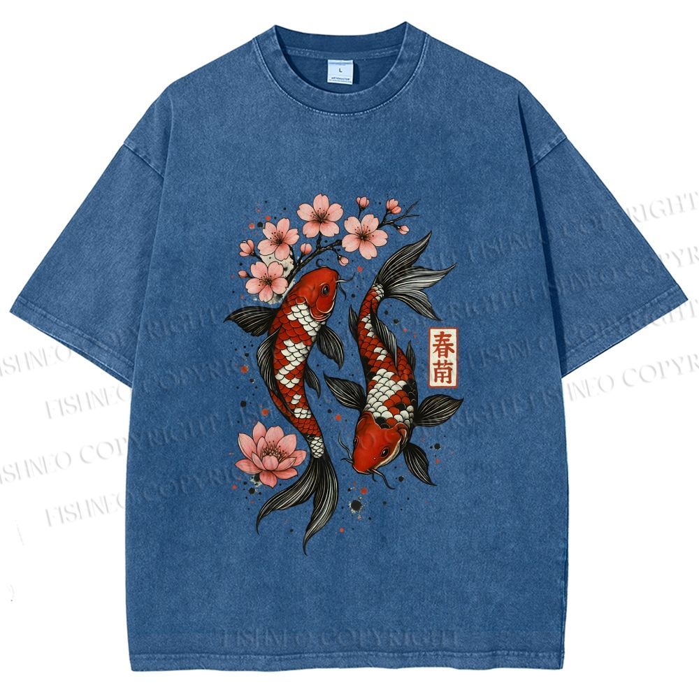 Unisex Cherry Blossom Twin Koi Printed Washed Tee