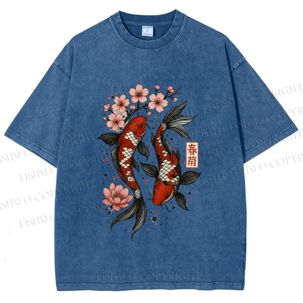 Unisex Cherry Blossom Twin Koi Printed Washed Tee