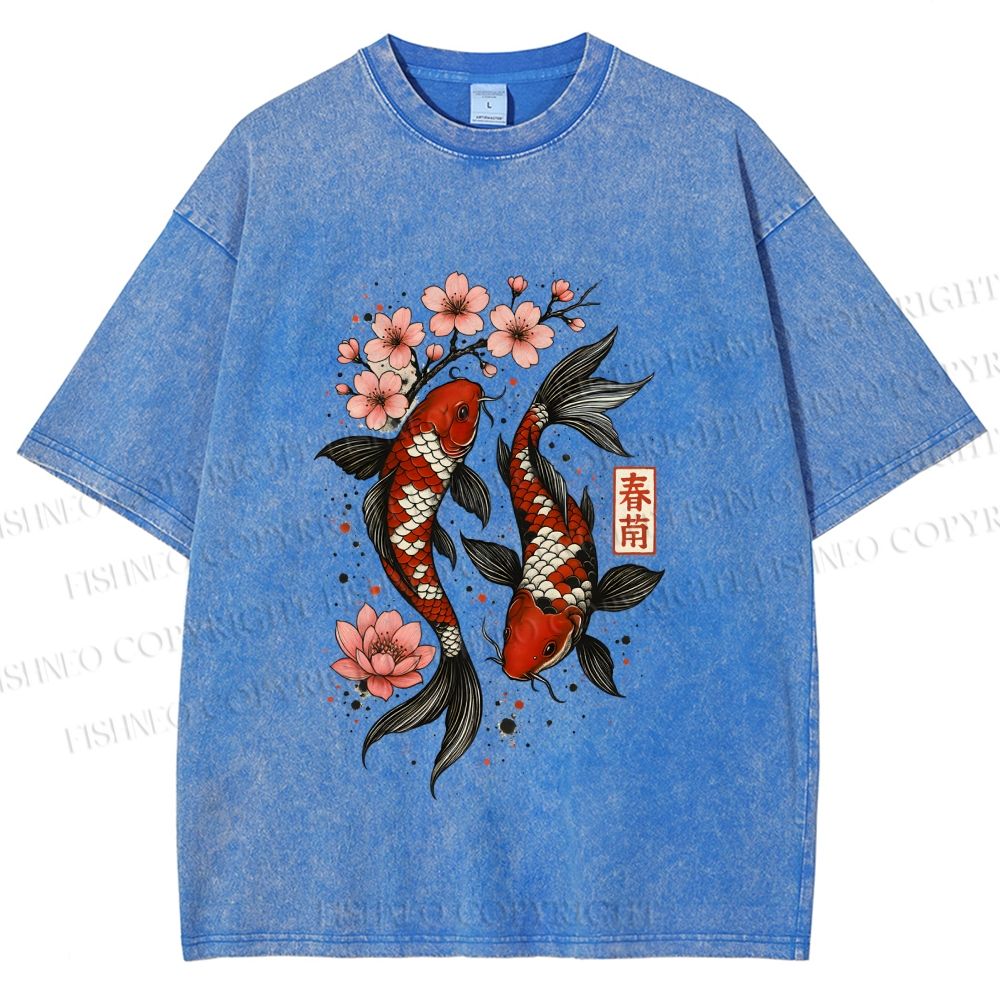 Unisex Cherry Blossom Twin Koi Printed Washed Tee