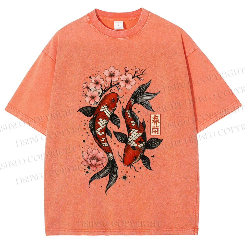 Unisex Cherry Blossom Twin Koi Printed Washed Tee
