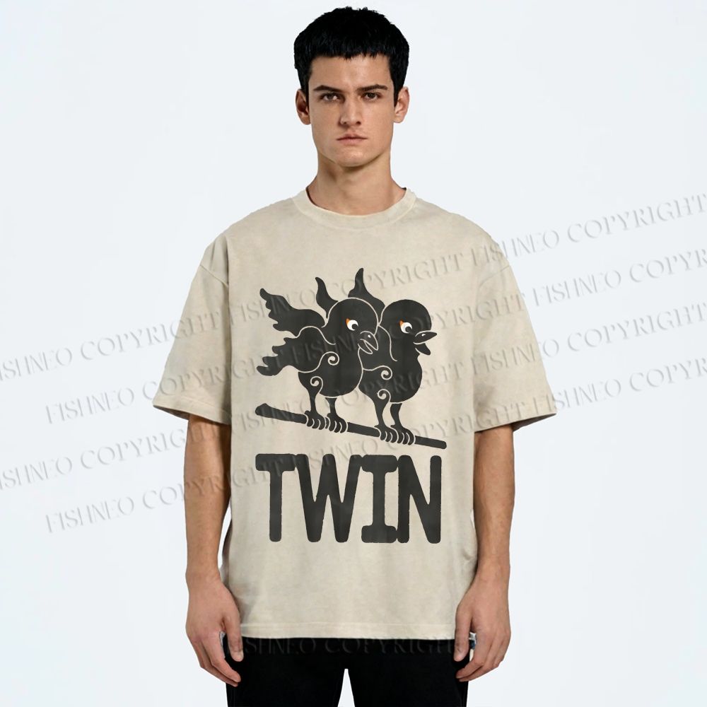 Unisex Bird Printed Washed Tee