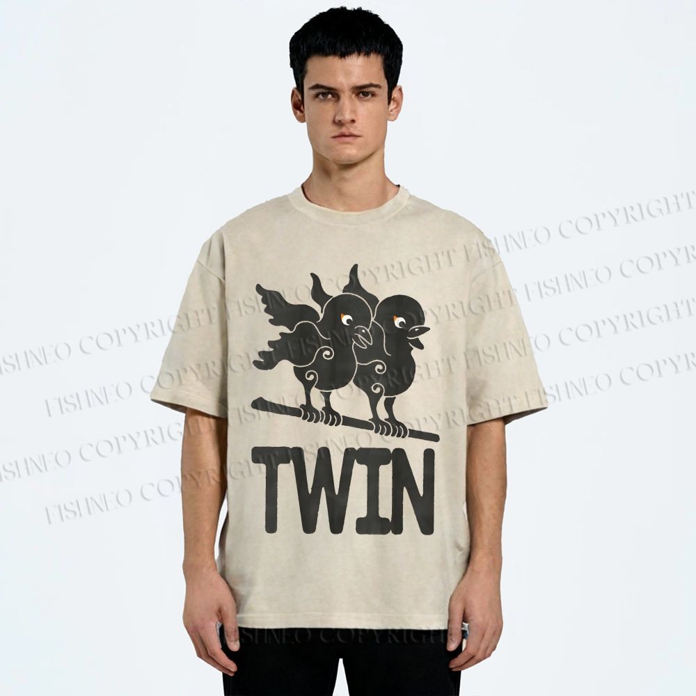 Unisex Bird Printed Washed Tee