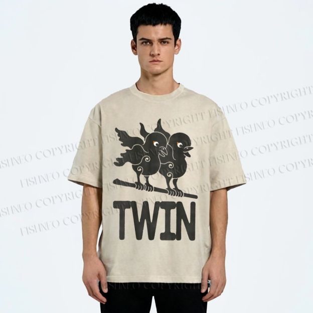 Unisex Bird Printed Washed Tee