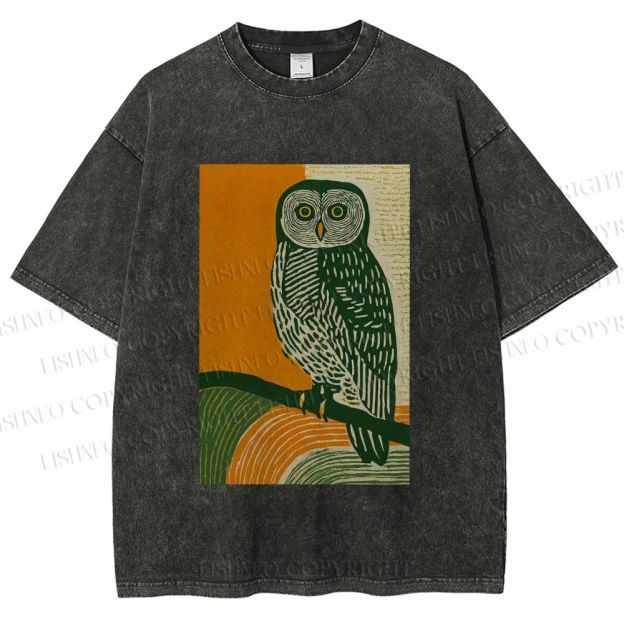 Unisex Sunset Perch Owl Printed Washed Tee