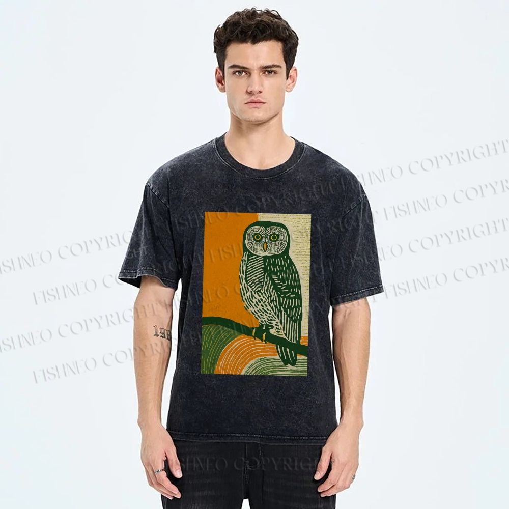 Unisex Sunset Perch Owl Printed Washed Tee