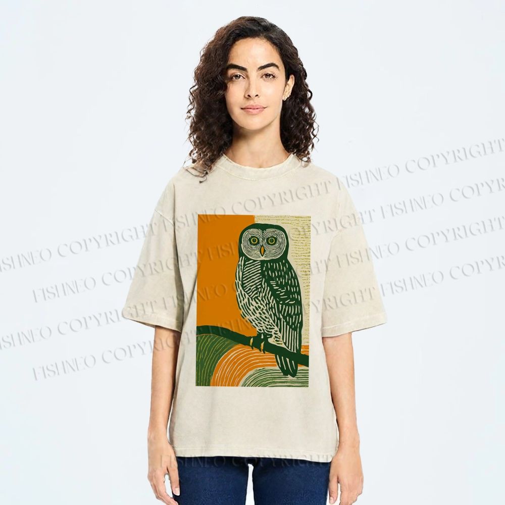 Unisex Sunset Perch Owl Printed Washed Tee