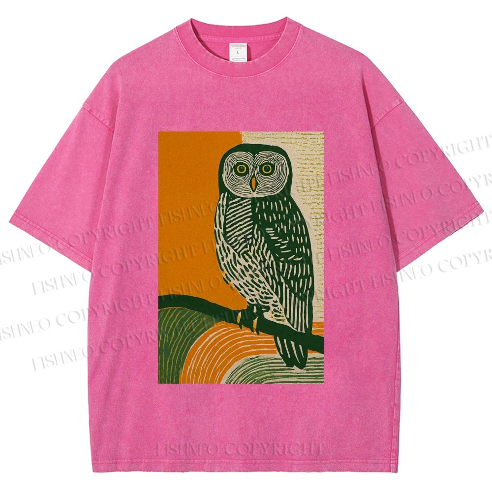 Unisex Sunset Perch Owl Printed Washed Tee