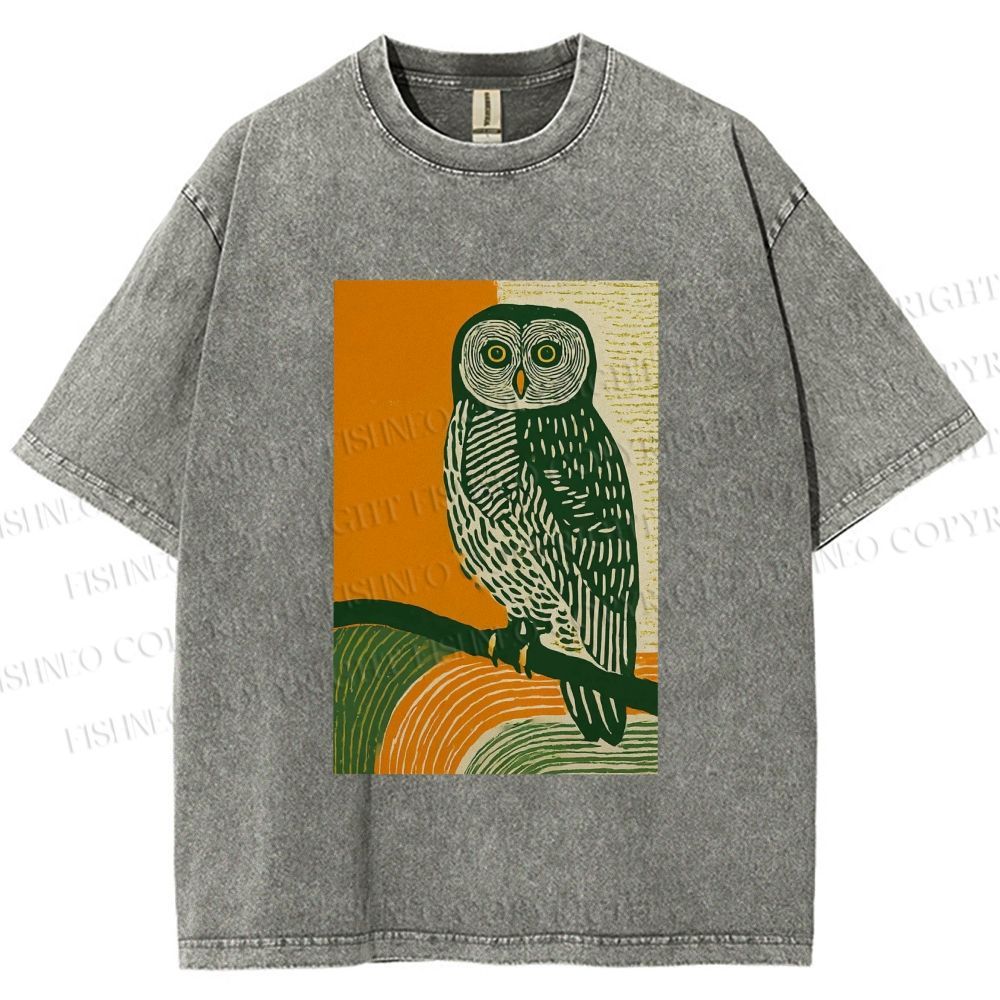 Unisex Sunset Perch Owl Printed Washed Tee