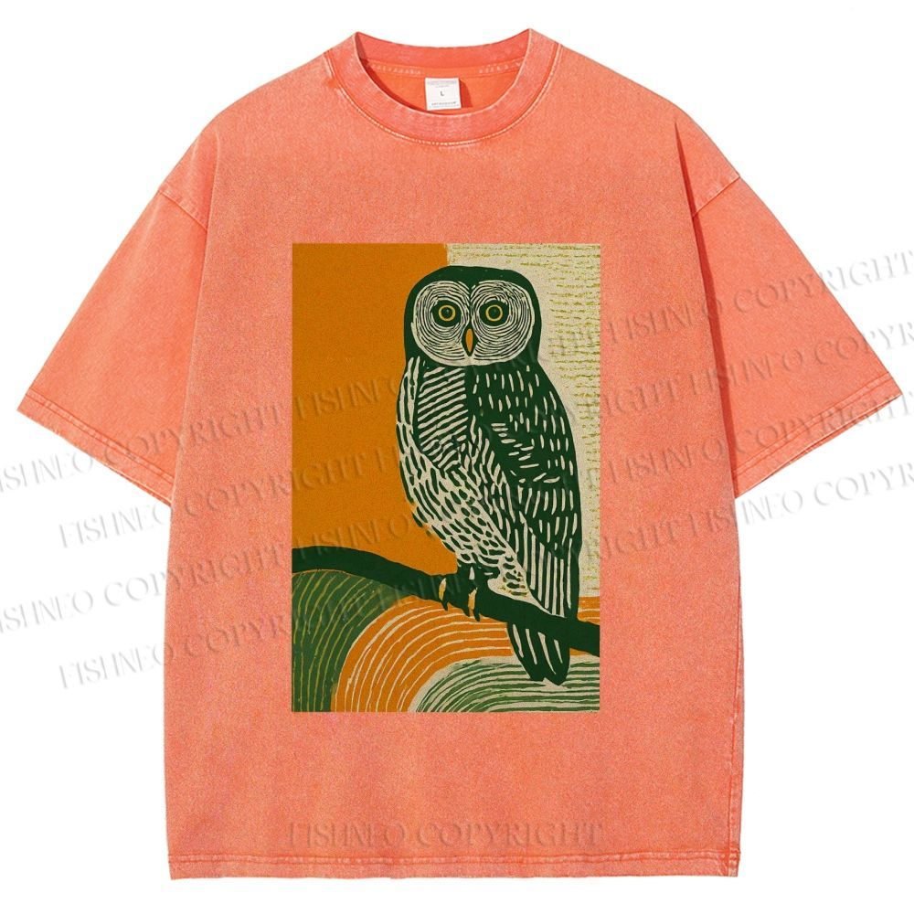 Unisex Sunset Perch Owl Printed Washed Tee