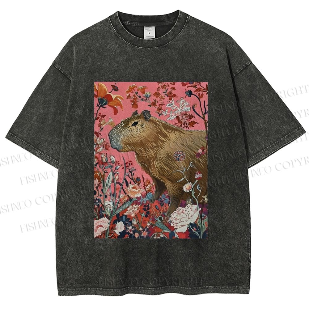 Unisex Floral Capybara Garden Printed Washed Tee