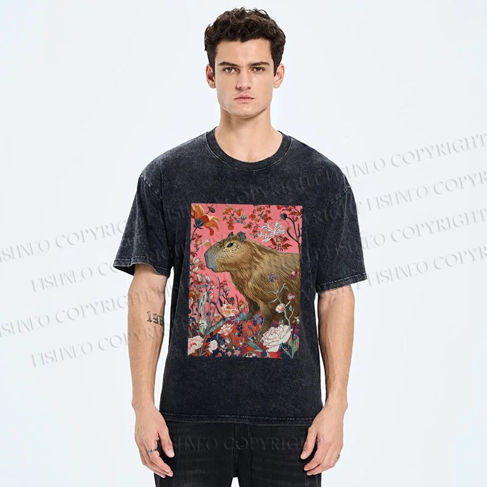 Unisex Floral Capybara Garden Printed Washed Tee