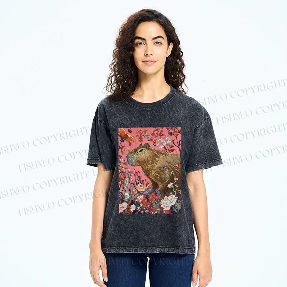 Unisex Floral Capybara Garden Printed Washed Tee