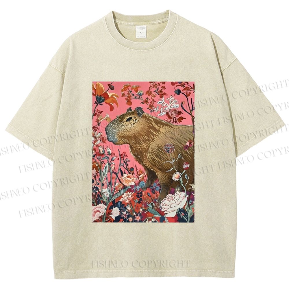 Unisex Floral Capybara Garden Printed Washed Tee