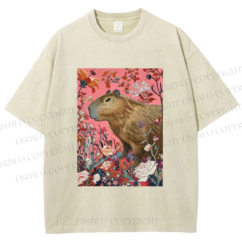 Unisex Floral Capybara Garden Printed Washed Tee