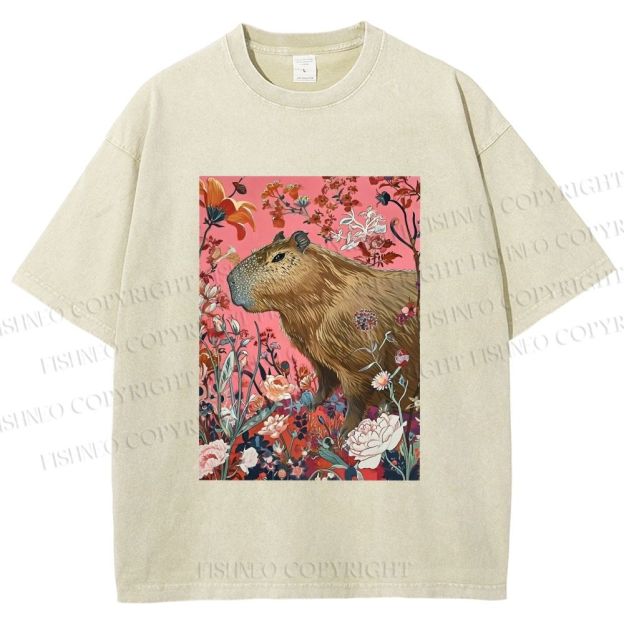 Unisex Floral Capybara Garden Printed Washed Tee