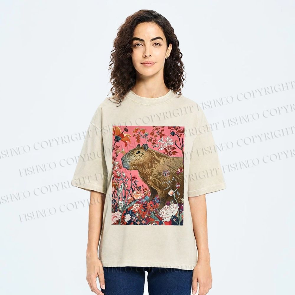 Unisex Floral Capybara Garden Printed Washed Tee