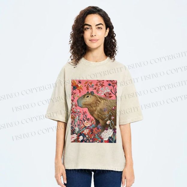 Unisex Floral Capybara Garden Printed Washed Tee