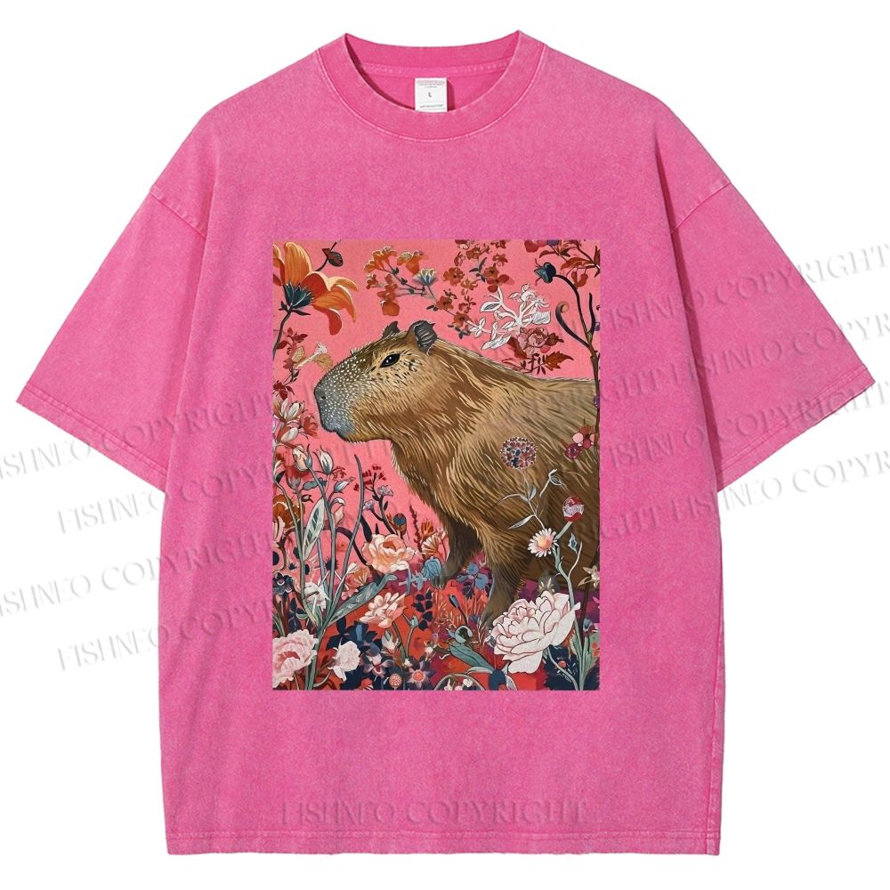Unisex Floral Capybara Garden Printed Washed Tee