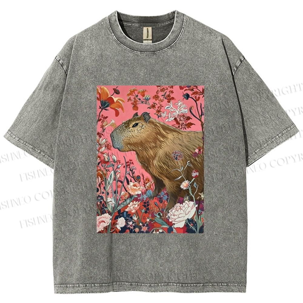 Unisex Floral Capybara Garden Printed Washed Tee