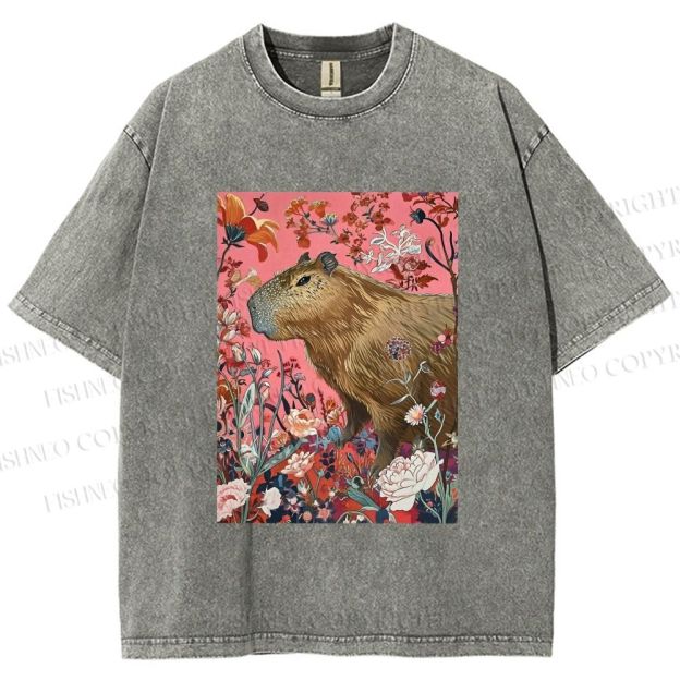 Unisex Floral Capybara Garden Printed Washed Tee