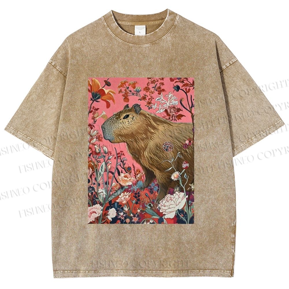 Unisex Floral Capybara Garden Printed Washed Tee