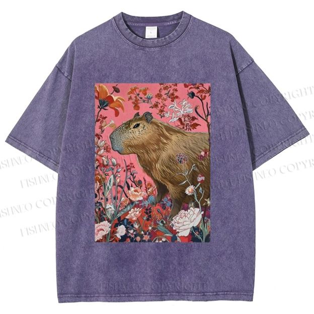 Unisex Floral Capybara Garden Printed Washed Tee
