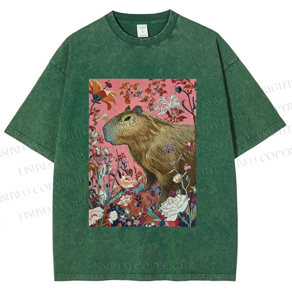 Unisex Floral Capybara Garden Printed Washed Tee