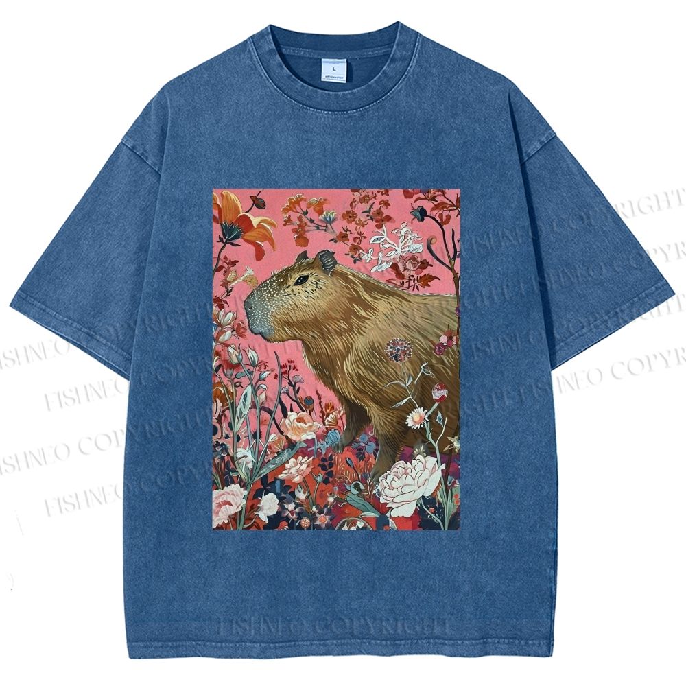 Unisex Floral Capybara Garden Printed Washed Tee
