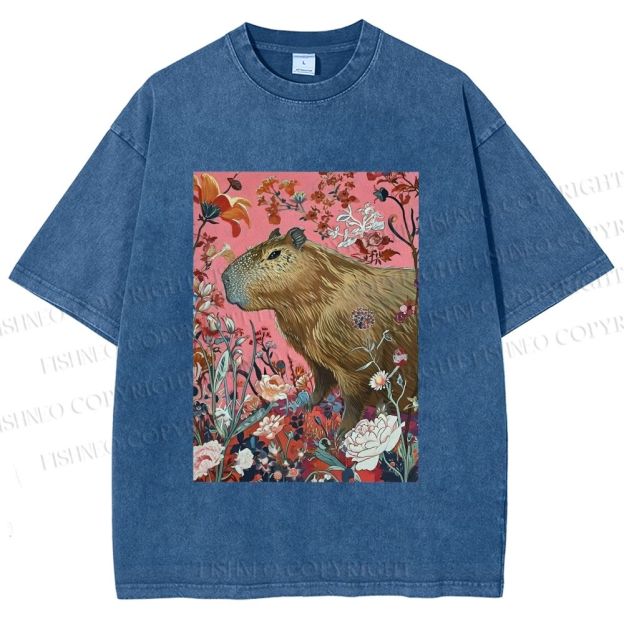 Unisex Floral Capybara Garden Printed Washed Tee