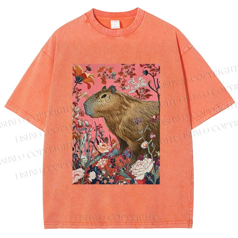 Unisex Floral Capybara Garden Printed Washed Tee