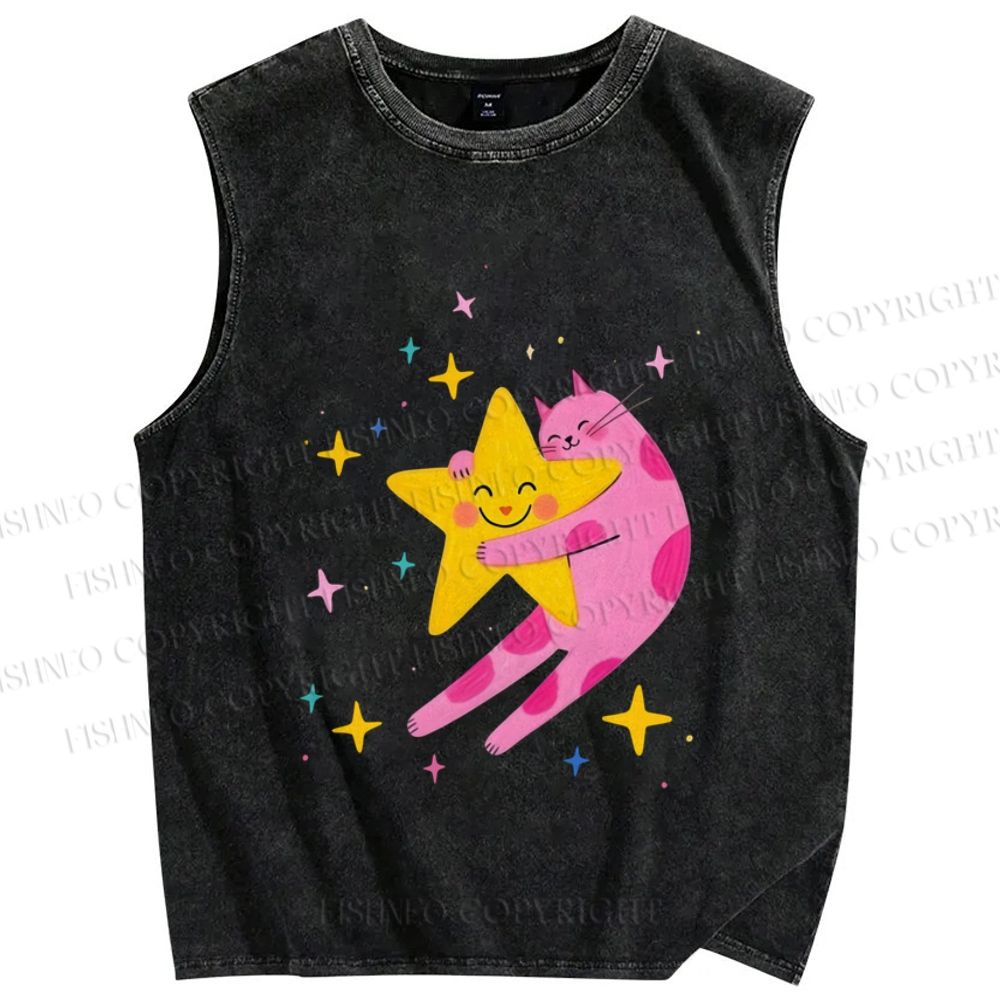 Unisex Pink Cat Holding Star Printed Washed Tank Top
