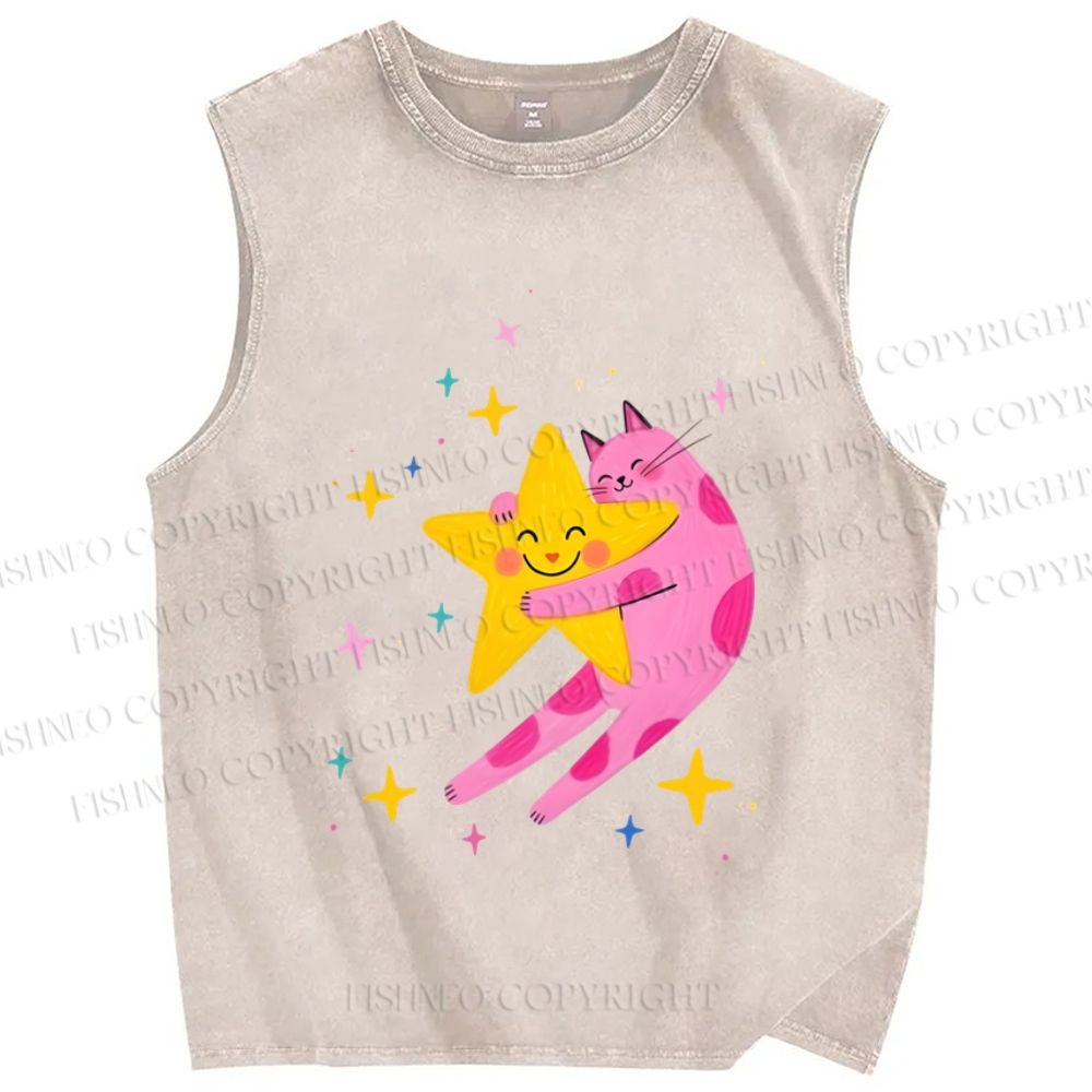 Unisex Pink Cat Holding Star Printed Washed Tank Top