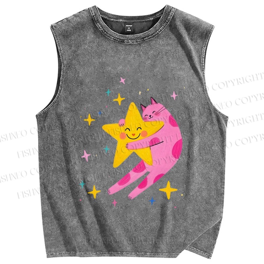 Unisex Pink Cat Holding Star Printed Washed Tank Top